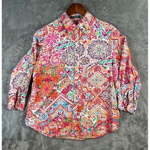 Lauren Ralph Lauren Shirt Womens Large Red Floral Cotton Button Up 3/4 Sleeve*